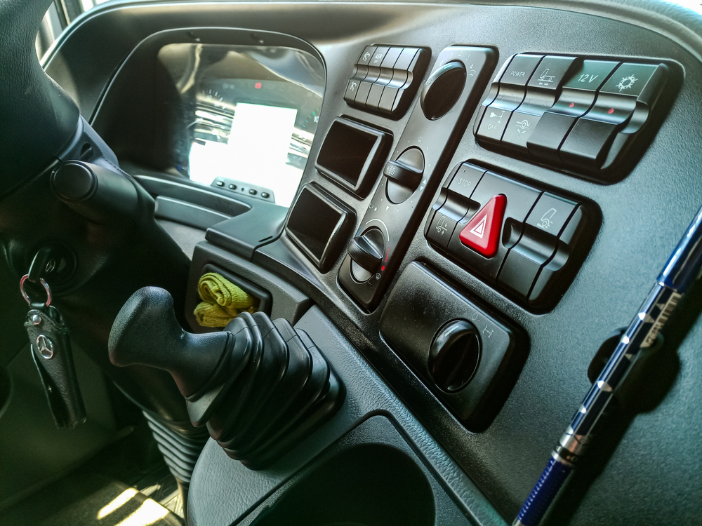 Clean interior cab of a truck.