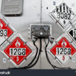 Rear of a tanker truck with placards displaying 1268 and 3082 chemical warnings.