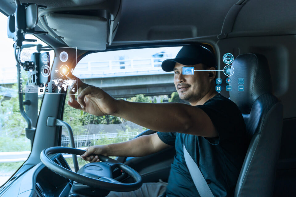Male semi-truck driver behind the wheel in the cab.