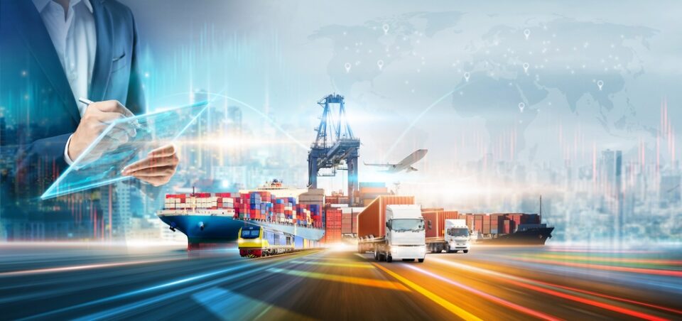 Man with digital tablet superimposed over trucks near a port.
