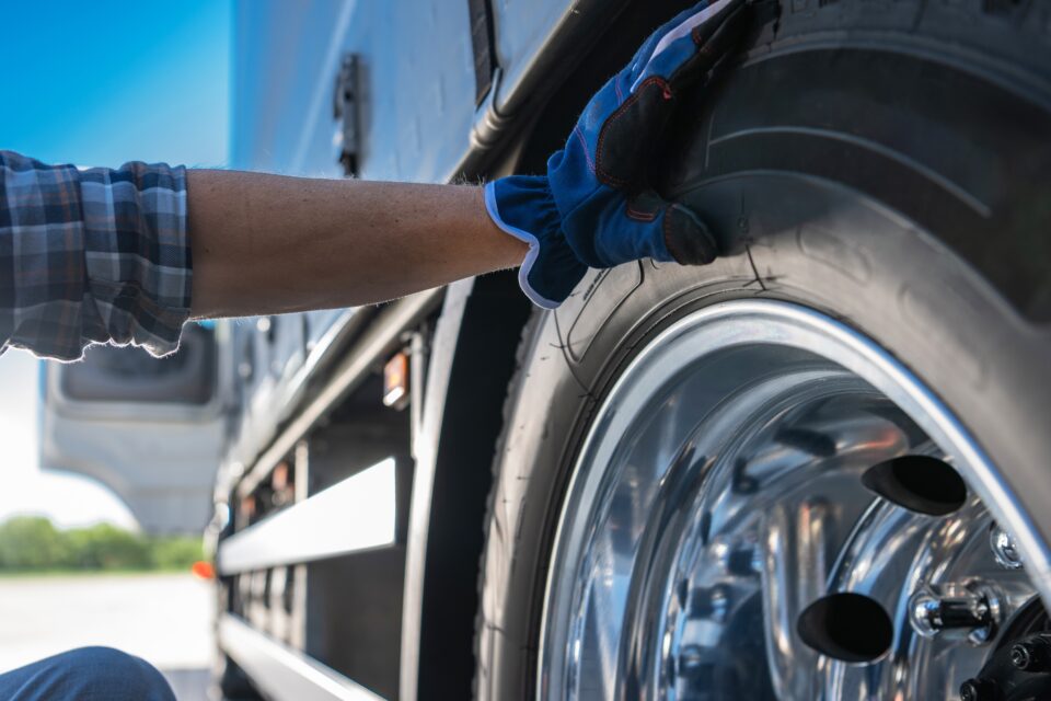 Man checking the tires on a semi-truck.